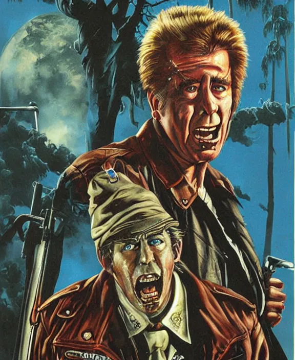 Image similar to illustration of Clu Gulager as Burt from Return of the Living Dead (1985), Les Edwards poster art, detailed