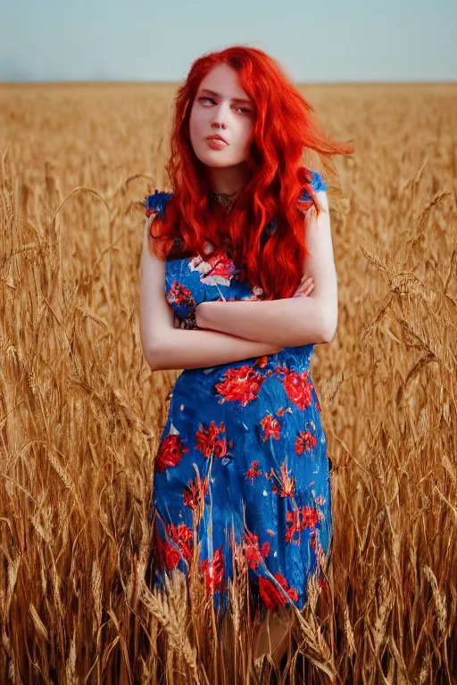 Prompt: a cinematic headshot portrait of a young woman with messy vibrant red hair, cute floral dress, wheat field landscape outdoor and summer blue sky, ultra realistic, depth, beautiful lighting