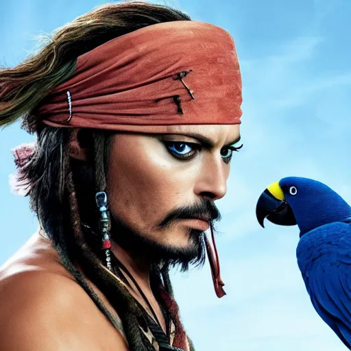 Image similar to margot robbie as jack sparrow with a parrot on the shoulder, realistic portrait, 8k resolution, hyper detailed, studio lighting, cinematic