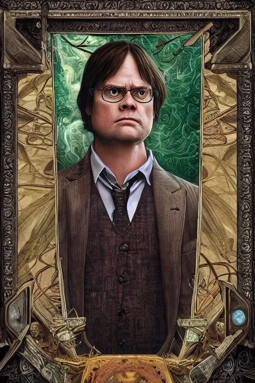 Prompt: beautiful tarot card of Dwight Schrute, oil on canvas, intricate, symmetrical, portrait, 8k highly professionally detailed, HDR, CGsociety