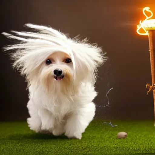 Prompt: a cream-colored havanese dog dressed as a wizard, casting a powerful spell of lightning and rain