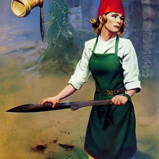 Prompt: determined elf woman with short blonde hair wearing a kitchen maid's uniform while holding a chef's knife and standing in the rain, fantasy character portrait by Frank Frazetta