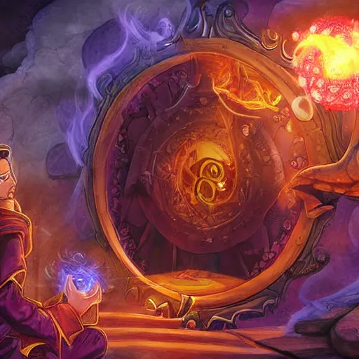 Image similar to giant eye magic spell casting surrounded by magic smoke with some floating magic cards in front of the eye, hearthstone coloring style, epic fantasy style art, fantasy epic digital art