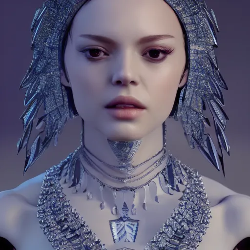 Image similar to full body detailed, ethereal, biomechanical, covered in diamonds and other gems glowing, highly detailed face, elegant posed, intricate, extremy detailed, beeple, cgsociety, 3 d unreal engine octane render. cinematic lighting, highly detailed 4 k art