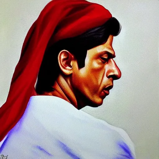 Prompt: a realistic painting by Raffaello Sanzi depicting the Shahrukh Khan in assamese traditional bihu dress with gamosa, smooth,Sharp focus, trending on Artstation.