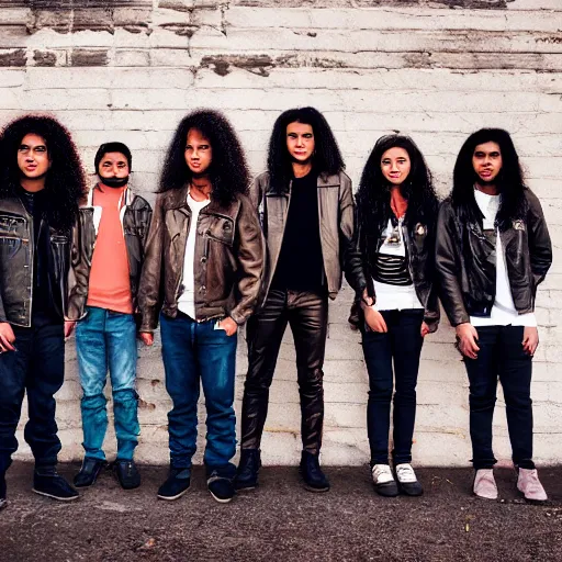 Image similar to Group of ethnically diverse 19-year-old boys and girls with long permed wavy brown hair and afros leather jacket and denim jeans, holding electric guitars, 2022, stoner rock, heavy rock, HD photography