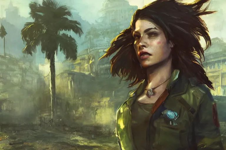 Prompt: fallout 5, charismatic beautiful rugged brunette female protagonist, portrait, outdoors tropical cityscape, atmospheric lighting, painted, intricate, volumetric lighting, beautiful, daytime, sunny weather, few clouds, sharp focus, deep colours, ultra detailed, art by william turner
