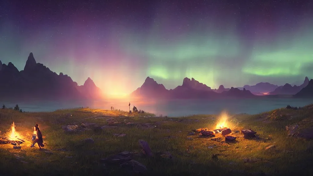 Image similar to beautiful render of a summer landscape, unreal engine, night, majestic mountains, dramatic aurora borealis, stars, campfire, soft light, by greg rutkowski, cgsociety