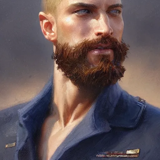 Image similar to detailed cinematic wide shot of muscular attractive young man wearing navy clothing beard slim face symettrical face clean skin blue eyes white hair, ultra realistic, spring light, painting by gaston bussiere, craig mullins, j. c. leyendecker