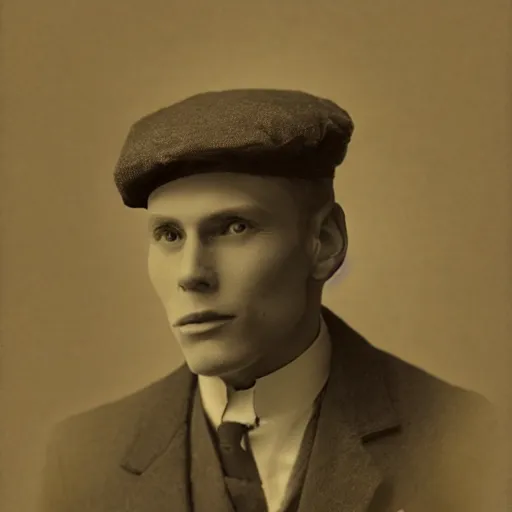 Image similar to A photograph portrait of Jerma985 wearing a newsboy cap in the early 1900s, taken in the early 1900s, grainy, taken on a early 1900s Kodak Camera, realistic, hyperrealistic, very realistic, highly detailed, very detailed, extremely detailed, detailed, digital art, trending on artstation