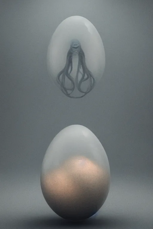 Image similar to photoreal render of transparent cthulhu egg, presented nicely, rendered in octane, realistic, film grain, 3 5 mm, 1 6 0 0 iso, sony a 7 riv, 8 k, unreal engine, wind, mythical, surrounded by mist, surreal moody background