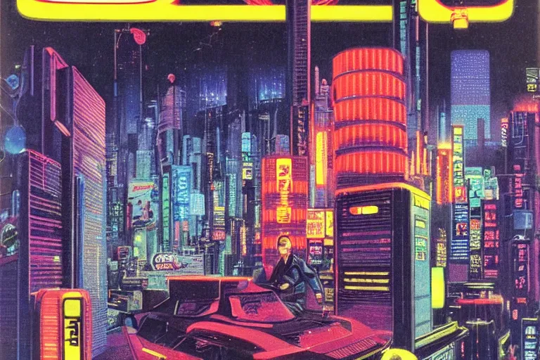 Image similar to 1979 OMNI Magazine Cover of a handheld retro electronic product with lights and cables neo-Tokyo in cyberpunk style by Vincent Di Fate