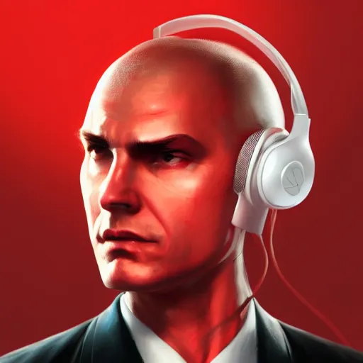 Image similar to a portrait pf agent 4 7 from hitman wearing headphones, red background, rim light, highly detailed, digital art, artstation, concept art, smooth, sharp focus, greg rutkowski, wlop