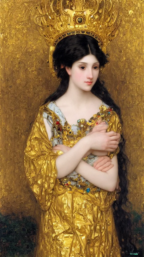 Image similar to painting portrait of a beautiful black haired woman with pale skin and a crown on her head sitted on an intricate metal throne, intricate, elegant, digital painting, smooth, sharp focus, shiny gold, realistic gold, realistic metal, by william - adolphe bouguereau and gustav klimt,