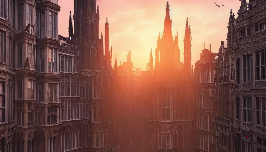 Image similar to neo - gothic brussels, view from the streets, sunset, light between buildings, empty streets, hyperdetailed, artstation, cgsociety, 8 k