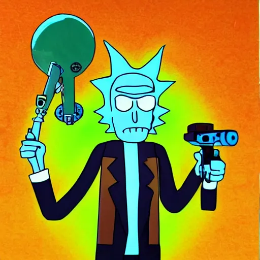 Image similar to portrait of alien rick holding a cybernetic rifle, rick and morty forever and forever a hundred years! g