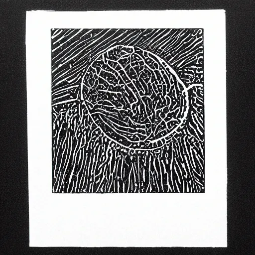 Image similar to microscope image of sars - cov - 2, linocut