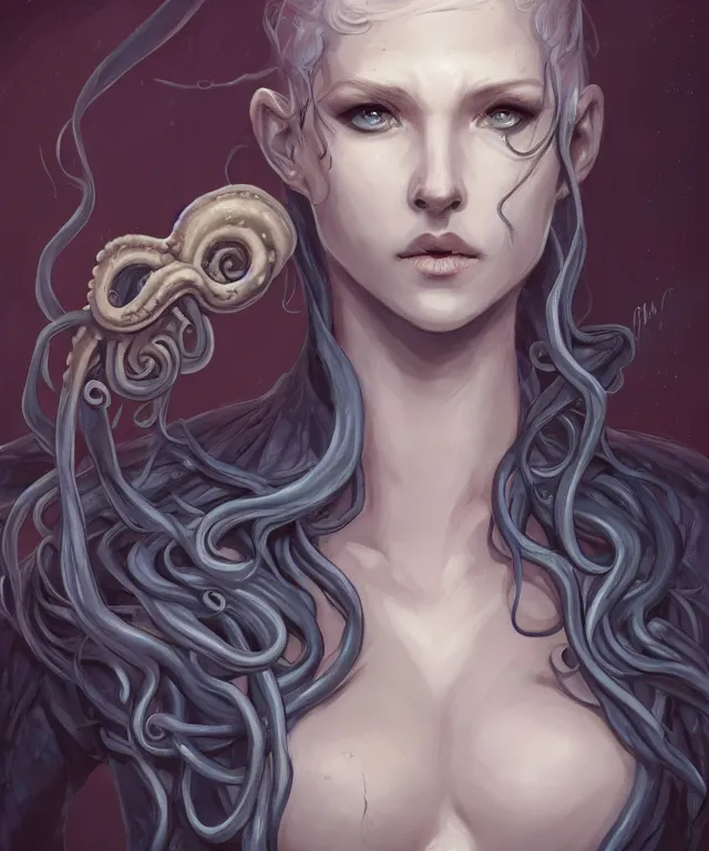 Prompt: cute friendly illithid with tentacle face by charlie bowater and titian and artgerm, full - body portrait, intricate, face, cavern, elegant, indigo mist, beautiful, highly detailed, dramatic lighting, sharp focus, trending on artstation, artstationhd, artstationhq, unreal engine, 4 k, 8 k