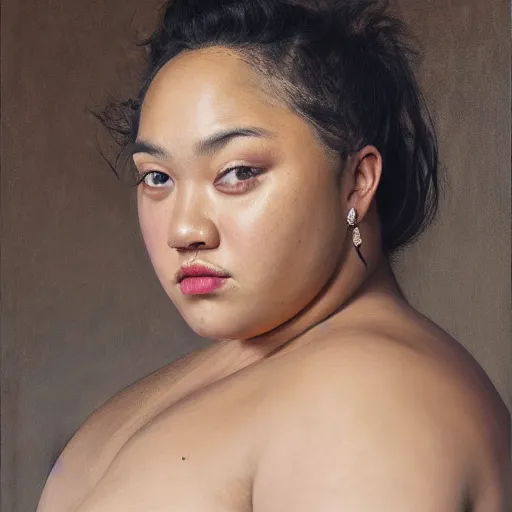 Image similar to A portrait of a powerful and thick beautiful non-binary person, medium tone skin, oil painting, majestic, detailed, high resolution