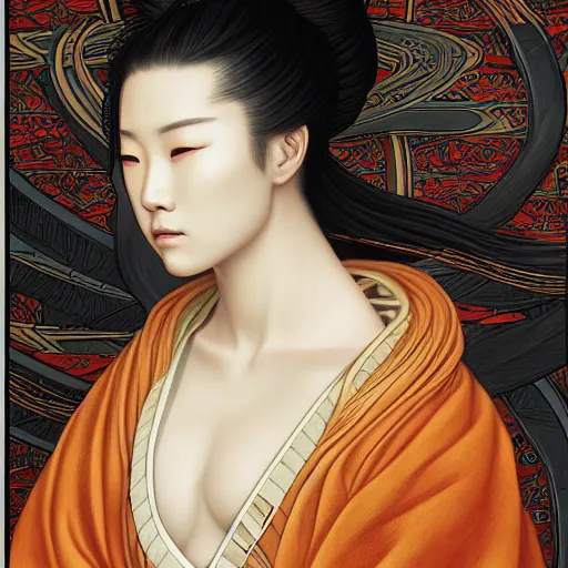 Prompt: a stunning portrait of samurai woman by Evelyn De Morgan and Ross Tran, rossdraws, fresco