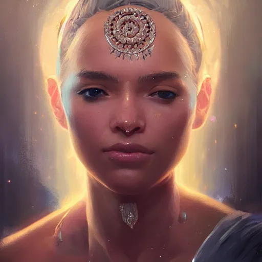 Prompt: a beautiful portrait of a goddess with diamond skin by greg rutkowski and raymond swanland, trending on artstation, ultra realistic digital art