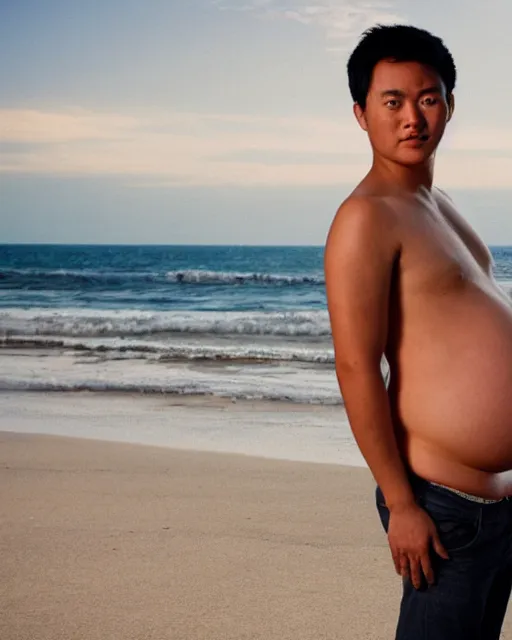 Prompt: photo of a heavily pregnant young asian male protagonist, big belly, on the beach