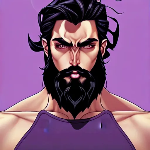Image similar to a chad with wavy black hair and a beard. muscular. godlike. tank top. using a computer, comic cover art, artgerm, joshua middleton, pretty stella maeve witch doing black magic, serious look, purple dress, symmetrical eyes, symmetrical face, long black hair, full body, twisted evil dark forest in the background, cool colors
