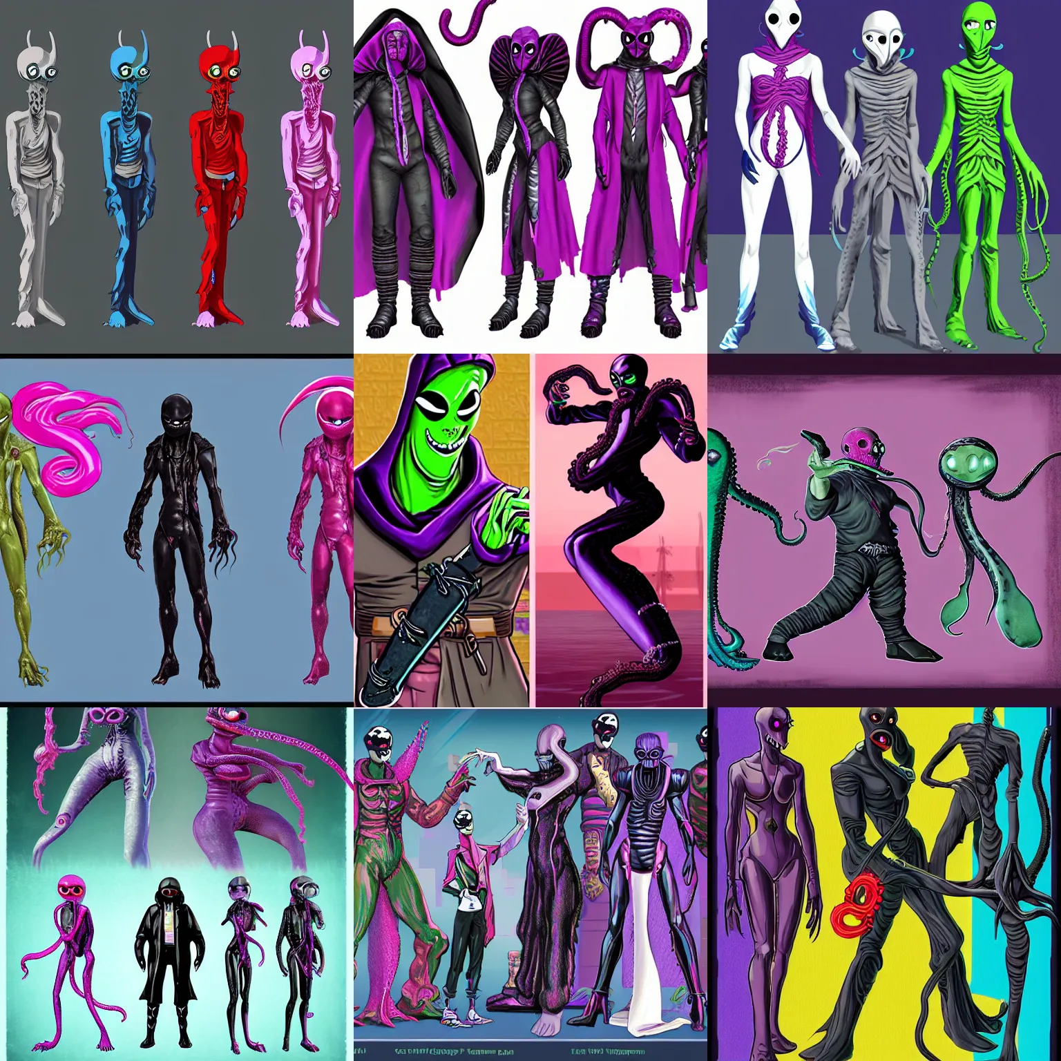 Prompt: a vintage vaporwave vampire colors tall lean vampire aliens with big black alien eyes and a squid beak with three webbed tentacle arms and skinny thin human legs wearing ninja garb based on vampire cloaks as playable characters design sheets that focuses on an ocean setting with help from lead artist Andy Suriano from rise of the teenage mutant ninja turtles on nickelodeon using artistic cues for the game fret nice and art direction from the Sony 2018 animated film spiderverse