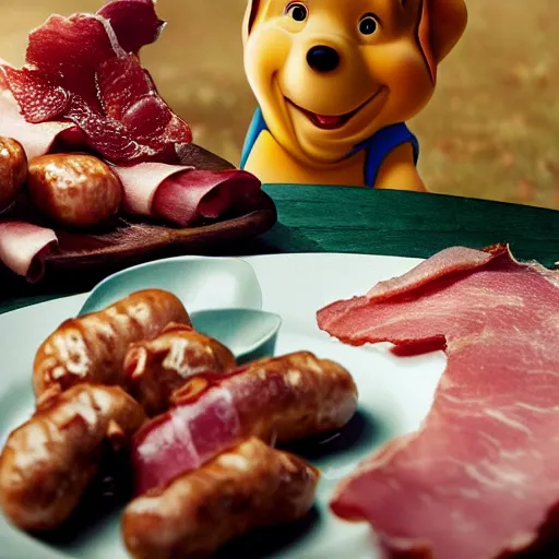 Image similar to close up of winnie the pooh with a plate of sausage and bacon and ham hock, cinematographic shot, by daniel f. gerhartz