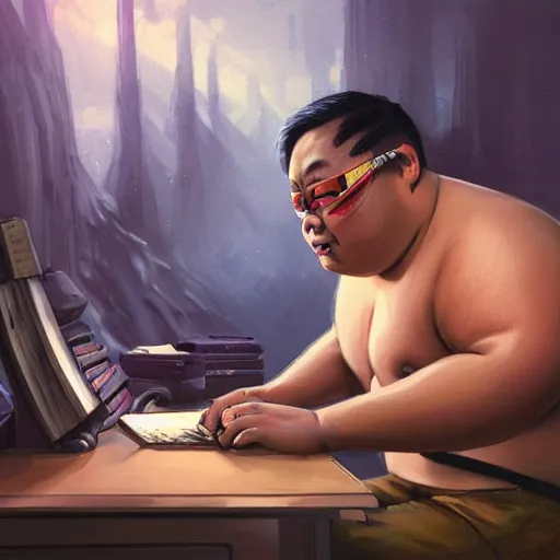 Image similar to a insanely detailed painting of a slightly overweight asian man wearing a homemade superhero costumed, sitting at a computer desk nervously typing on the keyboard, in the style of peter mohrbacher, dramatic lighting and composition, trending on artstation, concept art, comic book, graphic novel