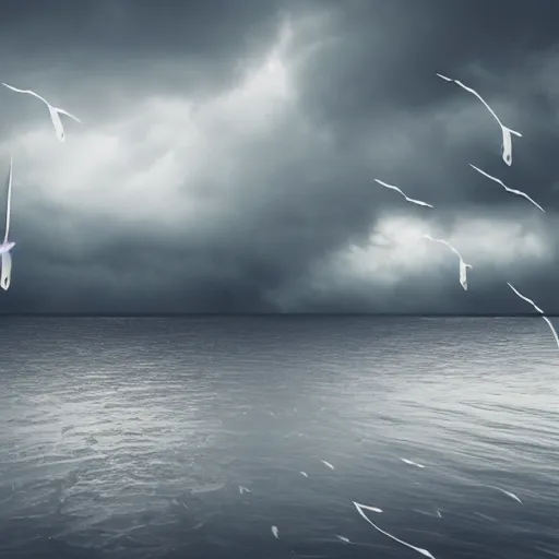 Image similar to a tornado!! made of seagulls, windy, cloudy, realistic reflections, cinematic lighting