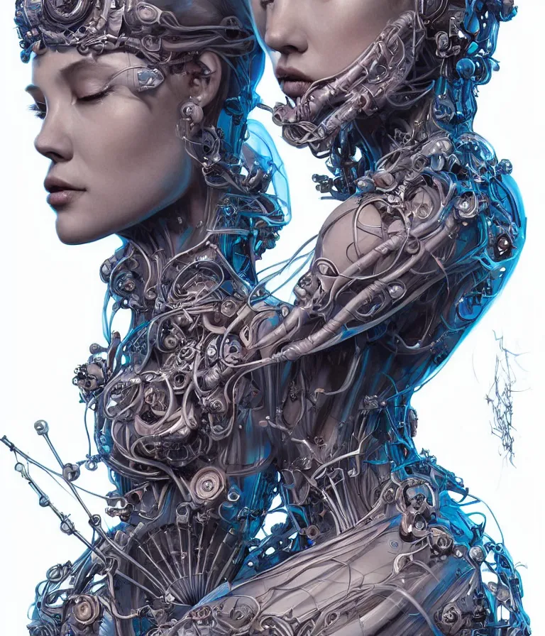 Prompt: fully symmetrical centered portrait of a beautiful princess in robe. artificial muscles, ribcage, bones, hard surface modelling. cyberpunk look. biomechanical mask. bio luminescent biomechanical halo around head. jellyfish. artwork by jarold Sng by artgerm, by Eddie Mendoza, by Peter mohrbacher by tooth wu by alfons mucha, unreal engine, octane render, cinematic light, iridescent details, iridescent colors, dichroic, macro, depth of field, blur