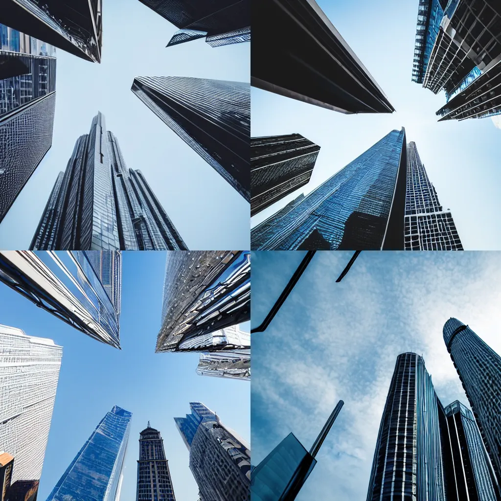 Prompt: a persons view of skyscrapers from below, looking up