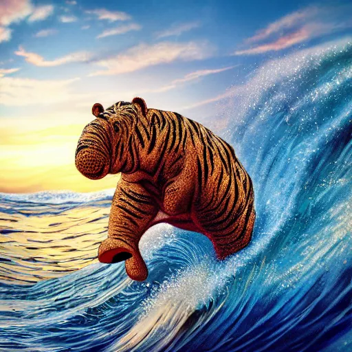 Prompt: a closeup photorealistic photograph of a cute smiling knitted tiger hippopotamus riding a large wave at sunset. surf in background. professional capture. brightly lit scene. this 4 k hd image is trending on artstation, featured on behance, well - rendered, extra crisp, features intricate detail, epic composition and the style of unreal engine.