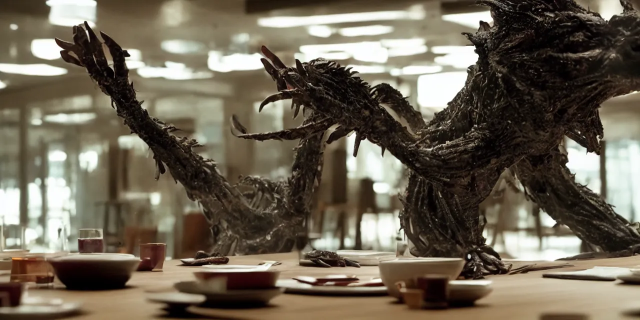 Image similar to a strange creature sits at a table, film still from the movie directed by Denis Villeneuve with art direction by David Cronenberg, close up, telephoto lens, shallow depth of field