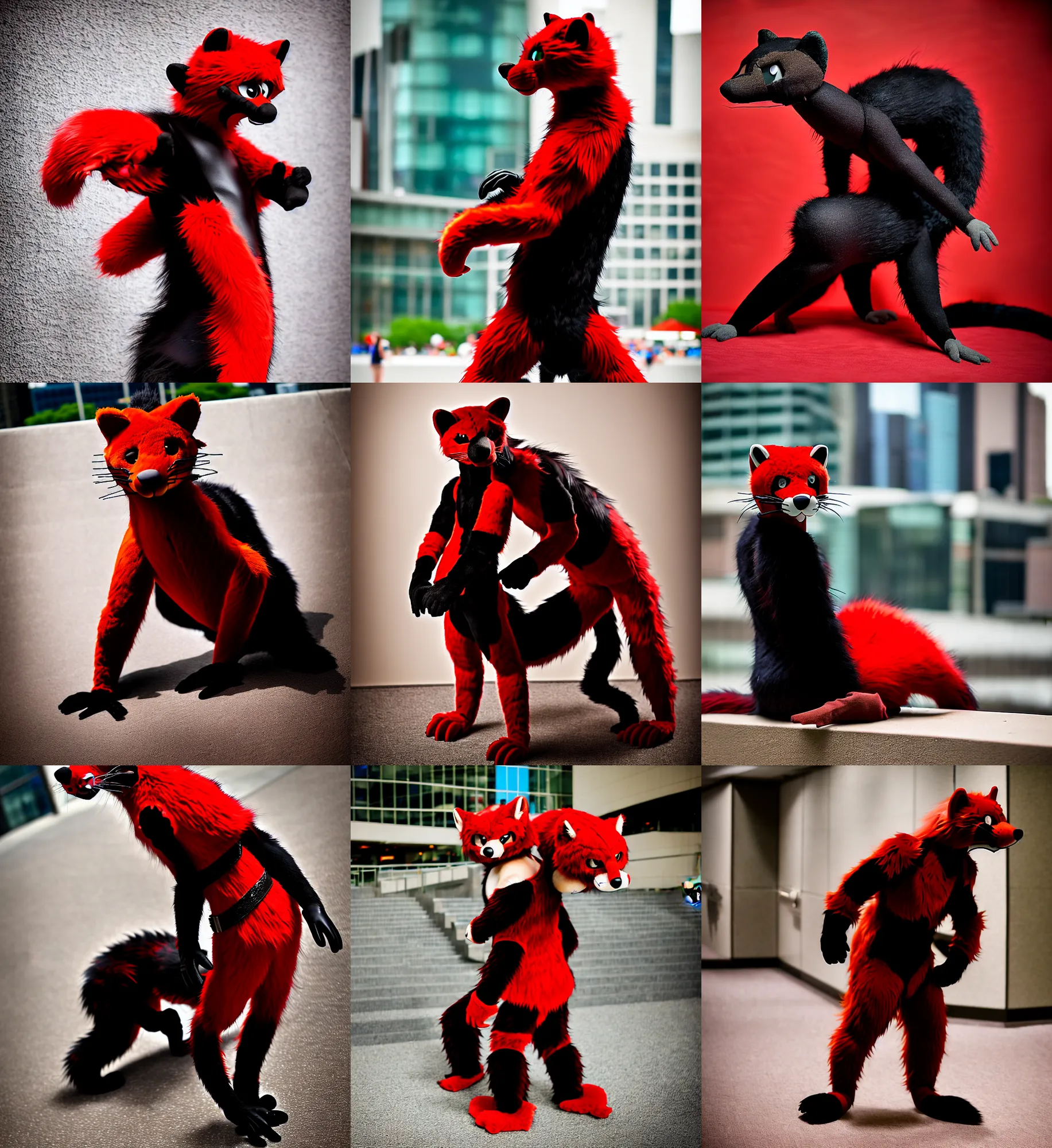 Image similar to fullbody photoshoot photo portrait of a roguish male red - black furred weasel furry fursuiter ( tail attached ), taken at anthrocon ( furry convention )