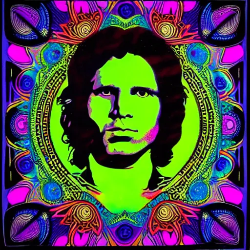 Image similar to portrait of jim morrison psychedelic blacklight art, intricate mandala, mushrooms, trees, by shepard fairey