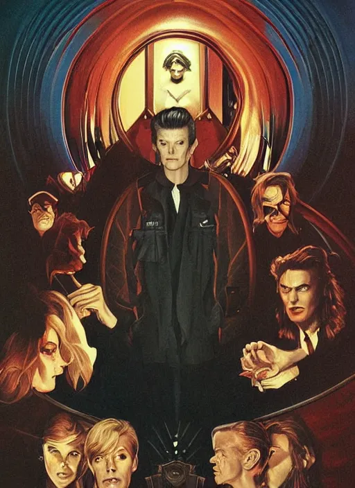 Image similar to twin peaks poster art, david bowie is confronted by the gatekeeper, old retro pulp, by michael whelan, rossetti bouguereau, artgerm, retro, nostalgic, old fashioned