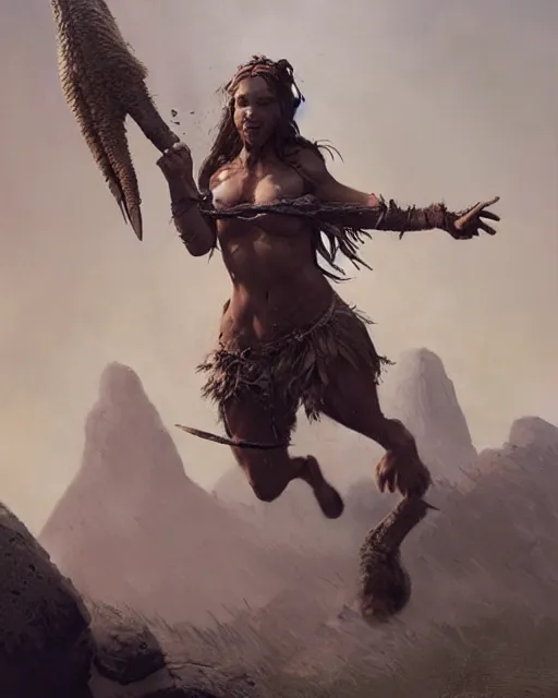 Image similar to hyper realistic photo of prehistoric hunter girl full body, cinematic, artstation, cgsociety, greg rutkowski, james gurney, mignola, craig mullins, jean baptiste monge, brom