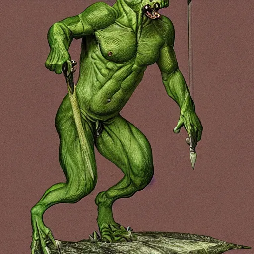 Image similar to dog - faced muscular goblin, ugly face, lizard tail, holding scimitar made of bone, scimitar, colorized, green skin, hyper - detailed, primeval fantasy, prehistoric fantasy, art by jacques - louis david