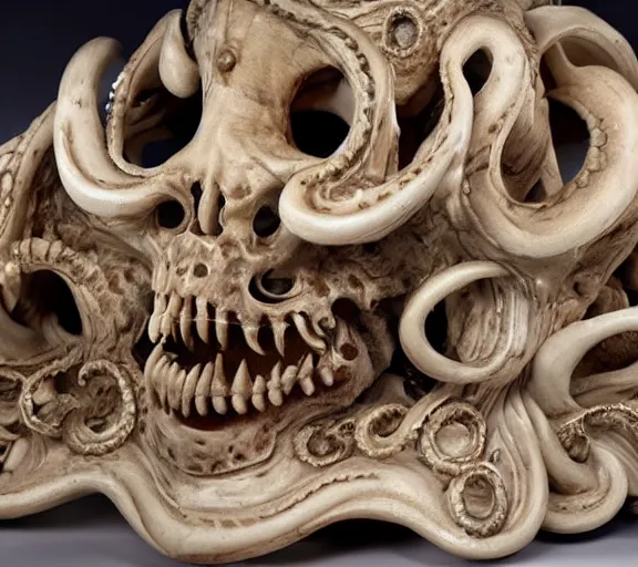 Prompt: an intricately detailed carving in an human - octopus skull, rococo ornate bone and ivory sculpted skull with teeth and tentacles, horror, artifact, micro detailed, inscribed with occult symbols, otherworldly