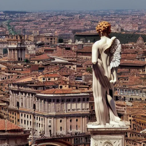 Image similar to An Angel from a Michelangelo painting flies over the cityscape of Rome. He looks tired. Filmed in the style of Wim Wenders. Cinematic, 50mm, highly intricate in technicolor