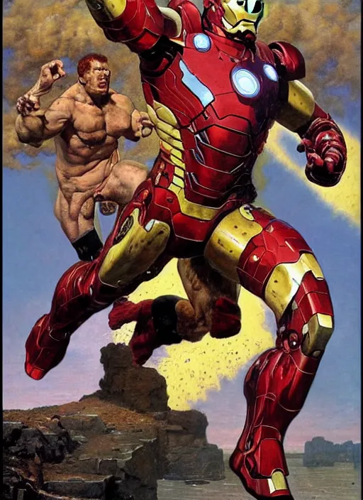 Image similar to brock lesnar as iron man, dynamic action, by lawrence alma tadema and zdzislaw beksinski and norman rockwell and jack kirby and tom lovell and greg staples