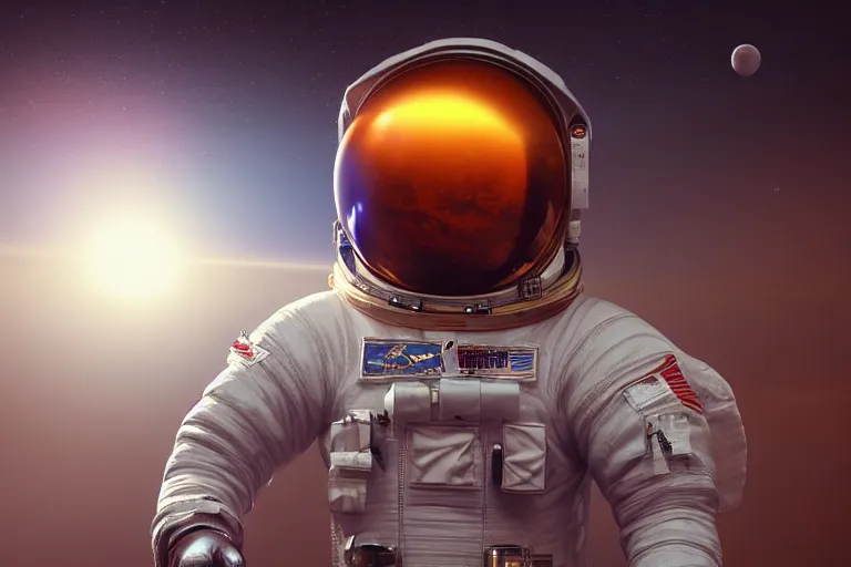 Image similar to astronaut in space wearing a spacesuit floating, mars in background, highly detailed, photorealistic portrait, bright studio setting, studio lighting, crisp quality and light reflections, unreal engine 5 quality render