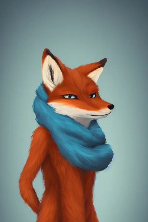 Prompt: an anthropomorphic fox with a fluffy tail wearing a scarf, backlighting, trending on artstation, digital art, furry art, trending on furaffinity