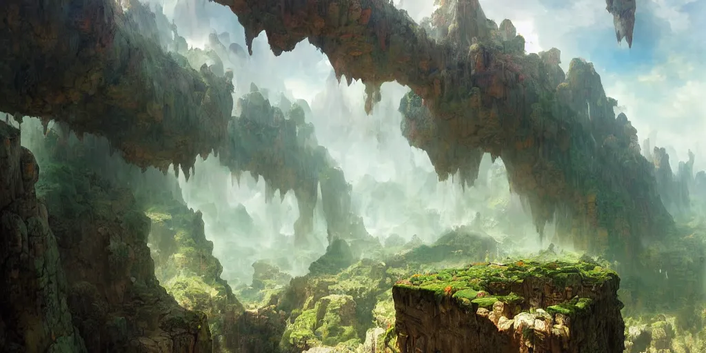 Image similar to huge cave ceiling towns, villages castles buildings bytopia planescape clouds made of green earth inverted upsidedown mountain surreal dreamlike inception artstation illustration sharp focus sunlit vista painted by ruan jia raymond swanland lawrence alma tadema zdzislaw beksinski norman rockwell tom lovell alex malveda greg staples