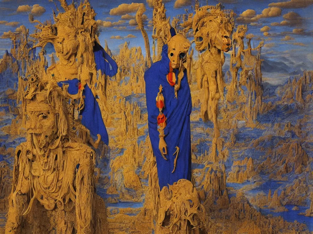 Image similar to Albino mystic with his back turned, looking in the distance at giant totemic archaic sculpture mask Tibetan temple made from Lapis Lazuli. Painting by Jan van Eyck, Beksinski, Caspar David Friedrich, Rene Magritte, Agnes Pelton, Max Ernst, Walton Ford