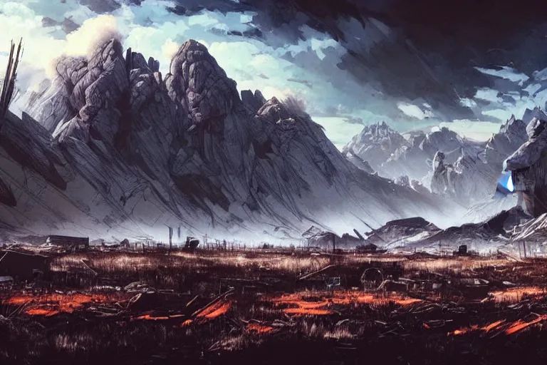 Prompt: landscape painting of destroyed meadows with destroyed mountainrange in background, dystopian wasteland, destroyed nature, apocalypse, winter, fine details, magali villeneuve, artgerm, yoji shinkawa