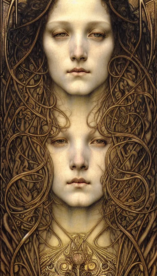 Image similar to detailed realistic beautiful young medieval queen face portrait by jean delville, gustave dore and marco mazzoni, art nouveau, symbolist, visionary, gothic, pre - raphaelite. horizontal symmetry