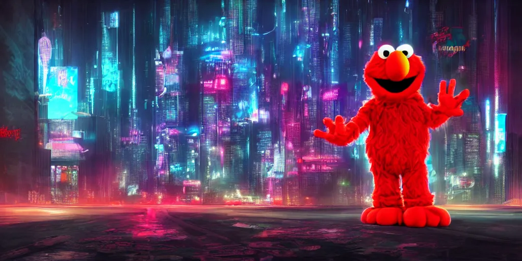 Image similar to elmo!! in cyberpunk night city wallpaper rendering, digital art